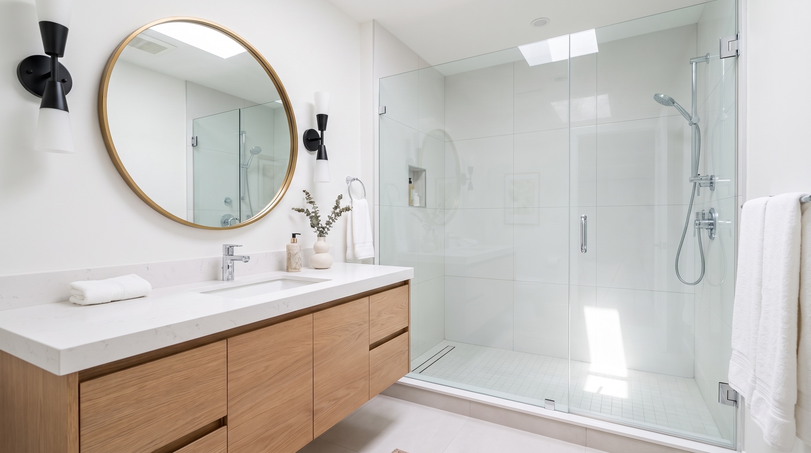 Remodeled bathroom with frameless walk-in shower and floating vanity