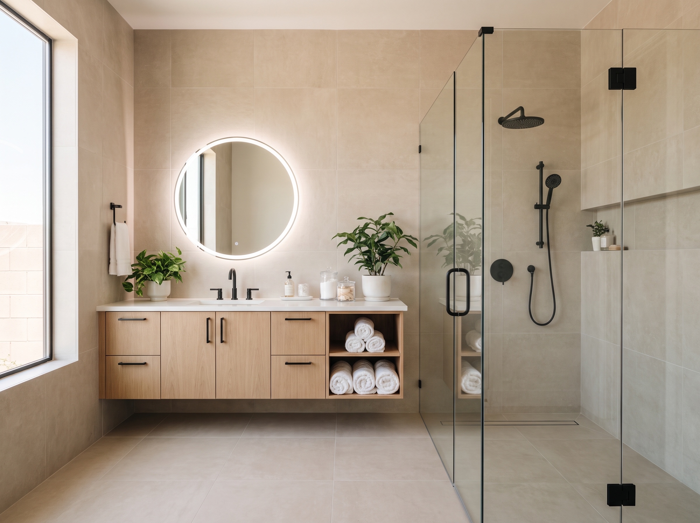 Large-format porcelain tile bathroom with floating vanity and walk-in shower Las Vegas