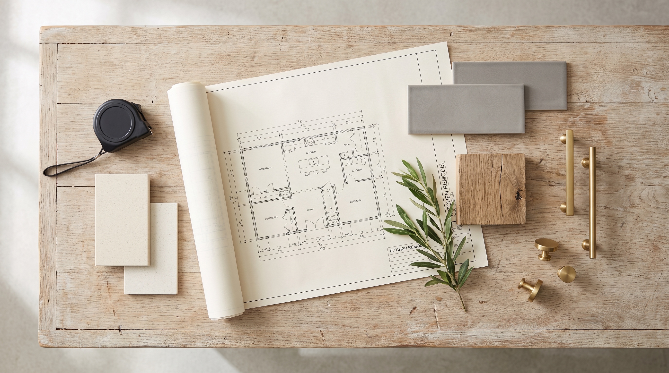 Kitchen remodel blueprints with quartz, tile and white oak samples and brass hardware on a workbench