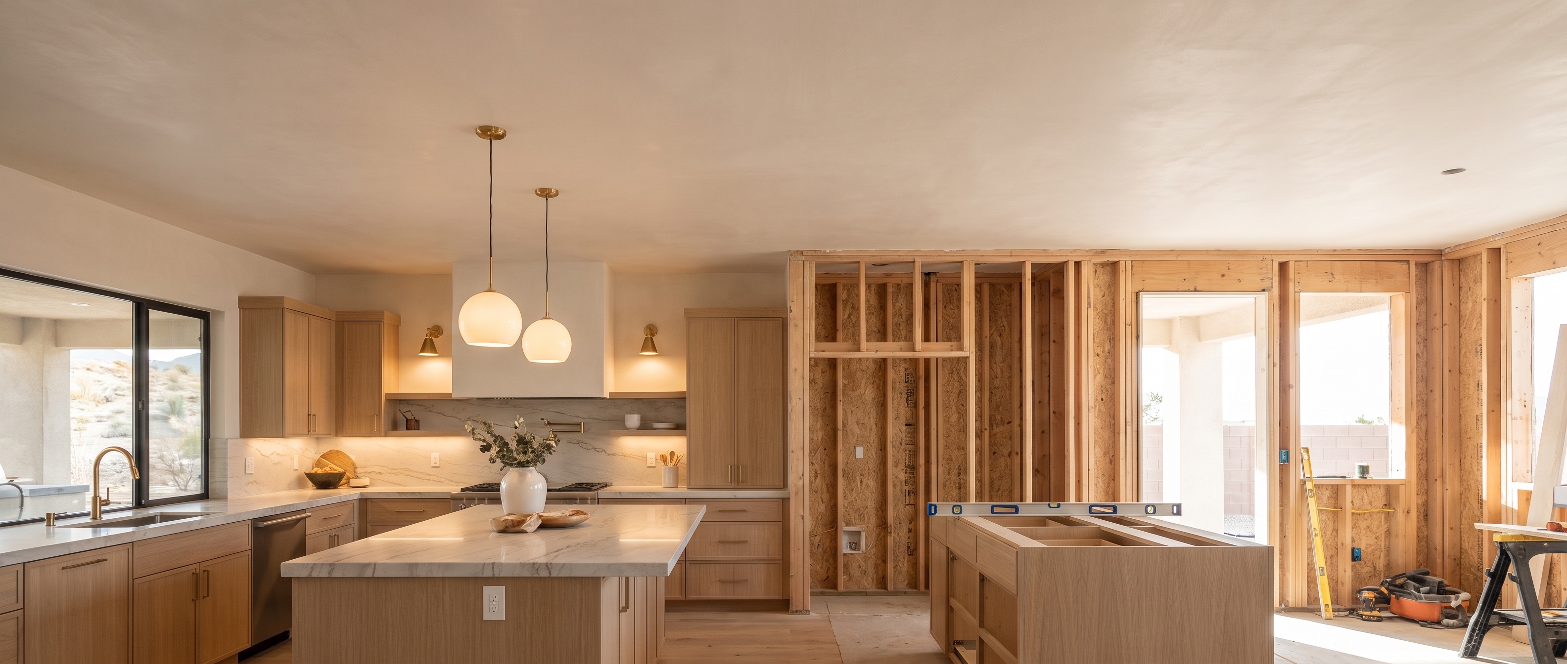 A Las Vegas home mid-remodel: finished white oak kitchen on the left flowing into fresh framing and construction on the right
