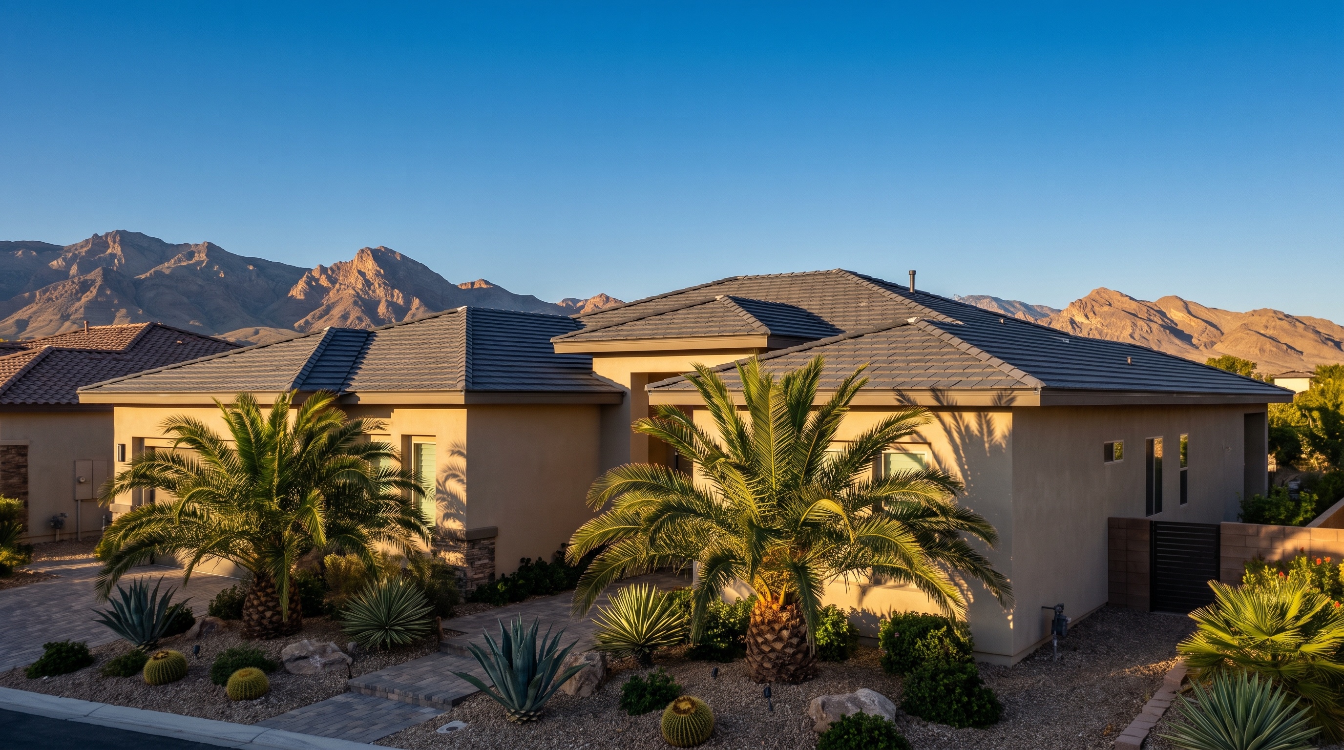 Desert contemporary Las Vegas home with new concrete tile roof and mountain backdrop