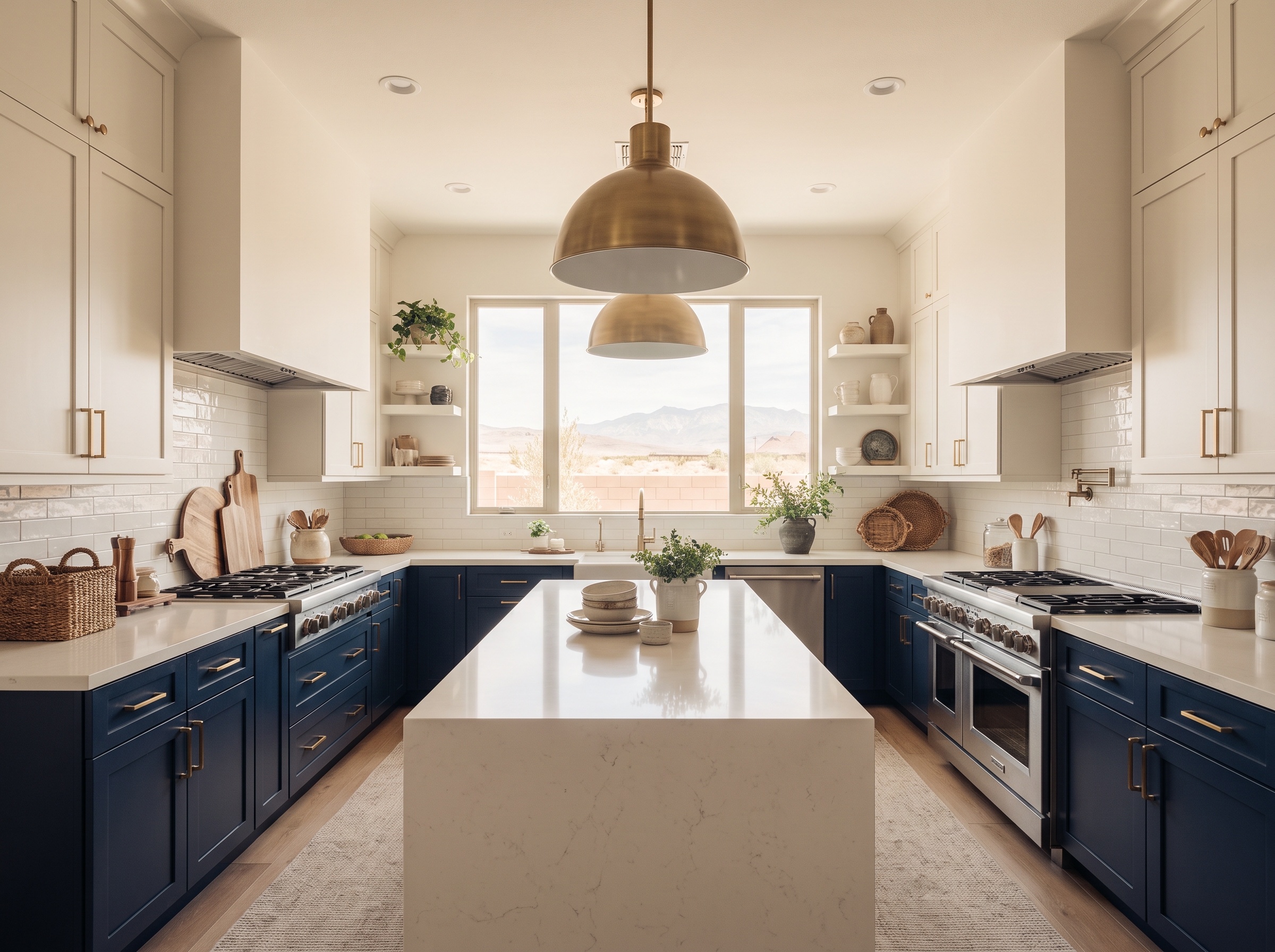 Two-tone navy and white kitchen cabinets with brass hardware in a Las Vegas home